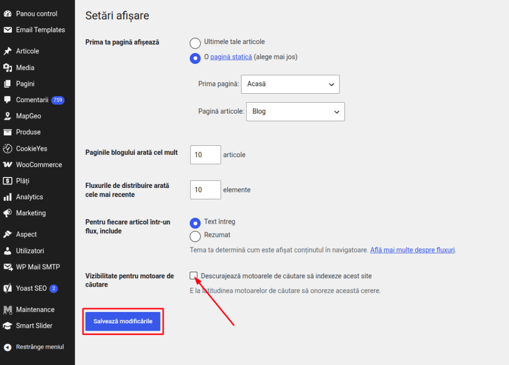Activarea sau dezactivarea indexarii site-ului in motoarele de cautare Google sau Bing.